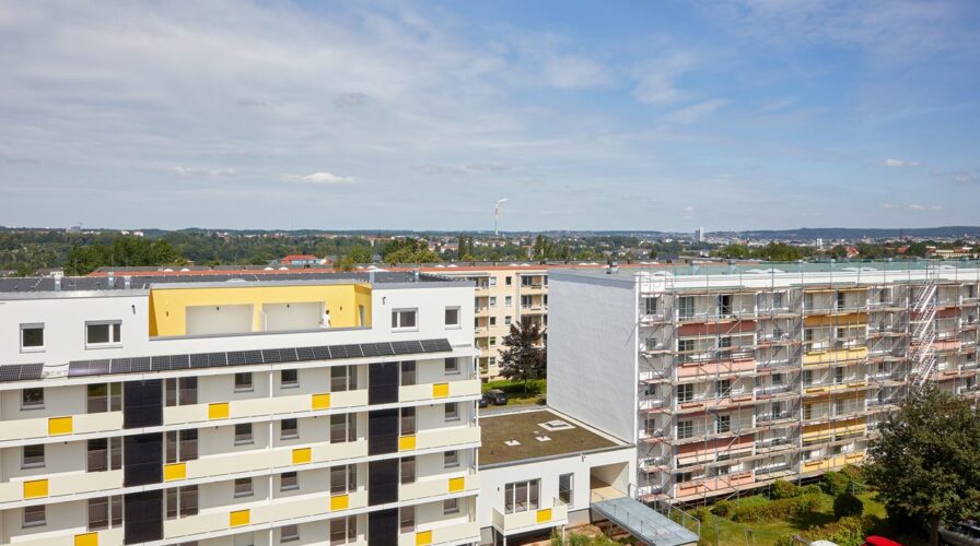Draufsicht auf die Wohnblöcke in der Irkutsker Straße 203–231 Chemnitz